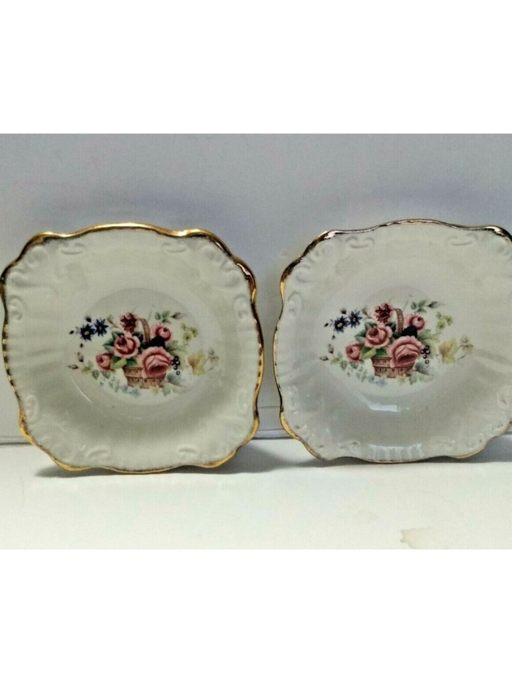 BURLEIGH STAFFORDSHIRE SQUARE "FLORAL BASKET" PLATES(2) 5" inch square